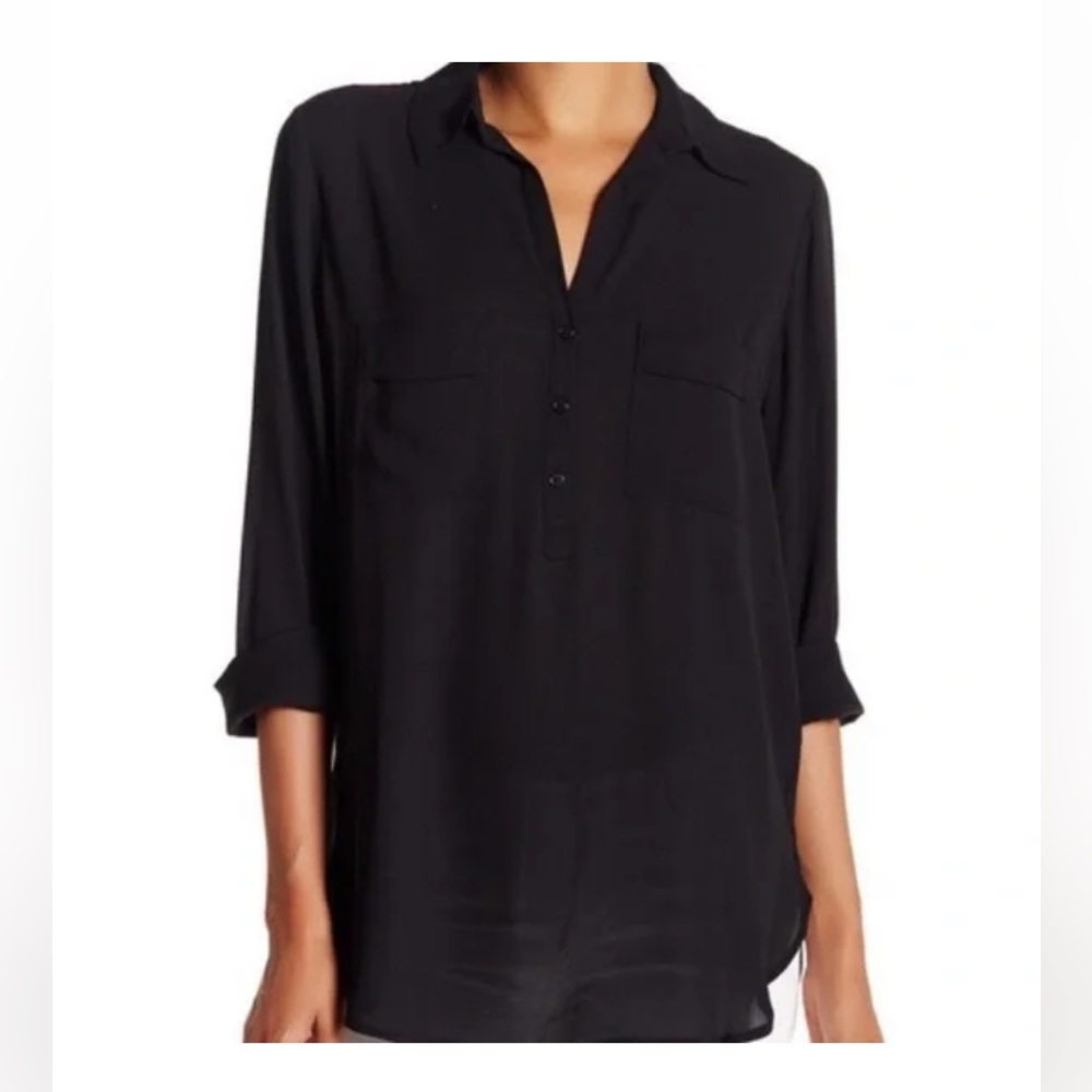 Pleione Black 3 Button Front Versatile Long or 3/4 Sleeve Blouse  Size XSP